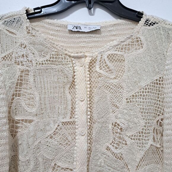 Zara Boho Floral Knit Crochet Coastal Minimalist Cardigan Cream Large - Picture 9 of 15